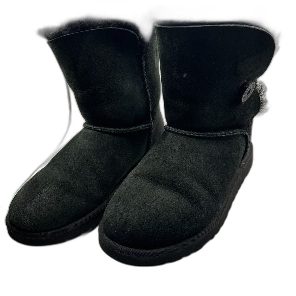Ugg Black Suede Bailey Button Mid-Calf Boots - Women 5 - Winter Snow Warm Cozy